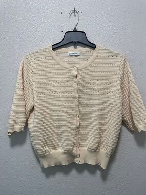 Grace Karin Cream Short Sleeve Eyelet Button-Up Cardigan